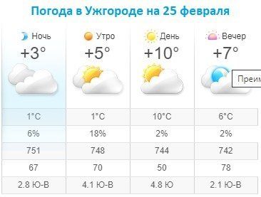 Прогноз погоды в Ужгороде на 25 февраля 2020