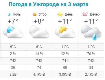 Прогноз погоды в Ужгороде на 3 марта 2020
