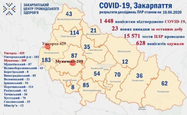 Кількість захворілих на коронавірус мешканців Закарпаття сягнула 1 448 осіб