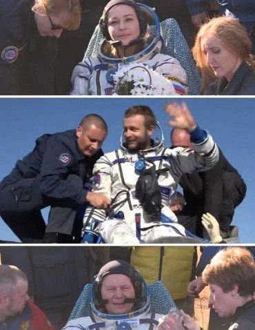 Спасатели помогли киноэкипажу, пробывшему в космосе 12 дней, покинуть приземлившийся корабль