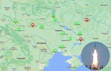  Последствия ракетной атаки РФ на Украину 10 февраля. Зелёным -сработало ПВО, красным — прилёты.