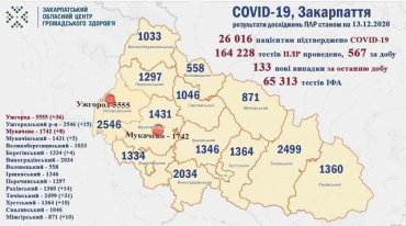 В Закарпатье по новым случаям COVID-19 лидируют Ужгород и Тячевский район: Данные на 13 декабря