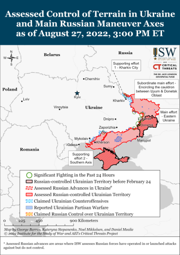 Актуальная на 28 августа карта боевых действий в Украине (Институт изучения войны США)