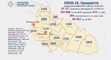 В Закарпатье по новым случам COVID-19 лидируют Ужгород и Виноградовский район: Данные на 16 февраля