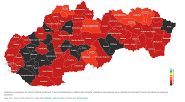 Карта районов Словакии по зараженности ковид-19 на 22-е февраля