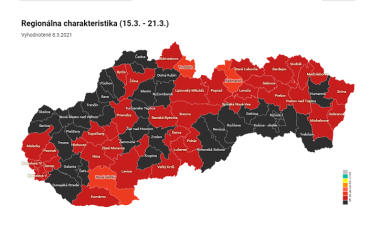 С 15 марта, 35 районов Словакии в соответствии с COVID-автоматом обозначены чёрным цветом