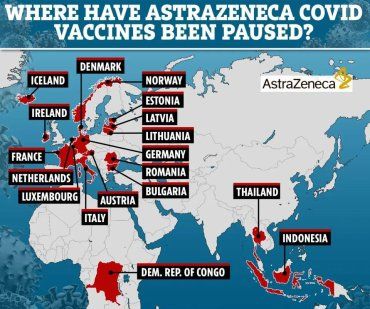 Страны, которые приостановили вакцинацию прививкой AstraZeneca на сегодняшний день