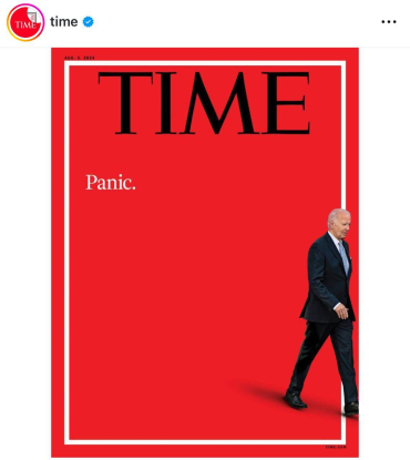 На обложке Джо Байден "выходит" из кадра, оставляя на ярко-красном фоне слово "паника".