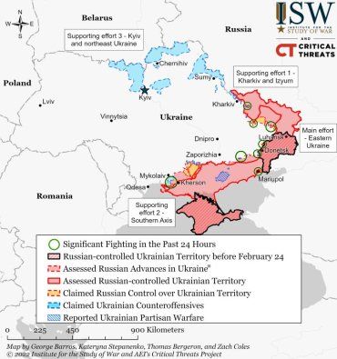 Институт по изучению войны (США) опубликовал новые карты боевых действий в Украине по ситуации на 20 апреля 2022 года