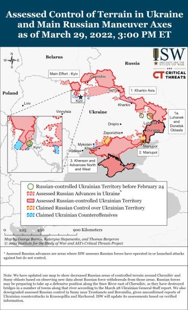 Общая карта боевых действий в Украине на 30 марта (Институт изучения войны США)
