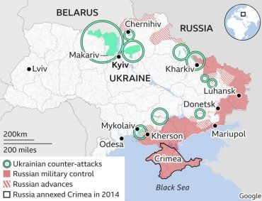 Британская радиовещательная корпорация BBC опубликовала карту боевых действий в Украине
