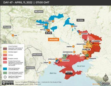 Карта боевых действий в Украине по состоянию на 12 апреля 2022 года