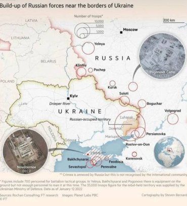 Опубликована новая карта дислокации армейской группировки РФ возле границы с Украиной