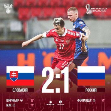 Сборная России проиграла сборной Словакии 1:2 в матче отбора на ЧМ-2022