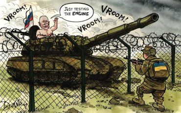 "Просто проверяю двигатель", - говорит Путин, подъезжая на танке к погранполосе с украинским пограничником