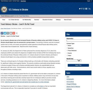 Посольство США в Украине выпустило заявление о том, что путешествовать в Украину не стоит
