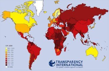 Всемирная ”карта коррупции”. Изображение с сайта Transparency International.