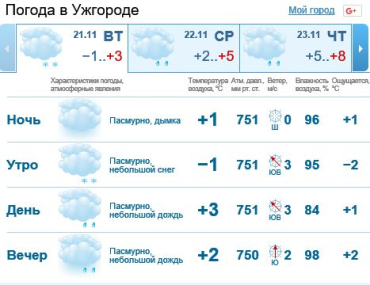 21 ноября в Ужгороде будет облачно, ожидается дождь