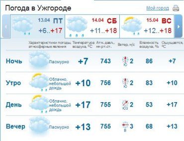 Днем погода в Ужгороде будет пасмурной, ожидается дождь