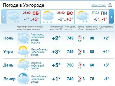 Днем небо в Ужгороде будет покрыто облаками, ожидается дождь