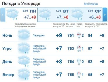 В Ужгороде днем пасмурно, возможен небольшой дождь