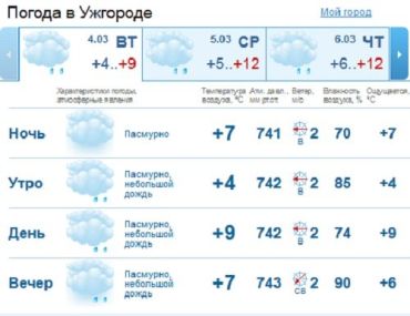 Весь день в Ужгороде будет облачным, днем мелкий дождь
