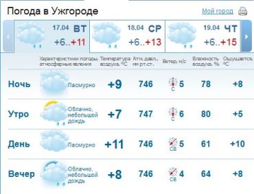 В Ужгороде пасмурно, днем ожидается дождь