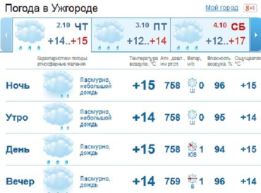 В Ужгороде весь день будет пасмурно, небольшой дождь в течение дня