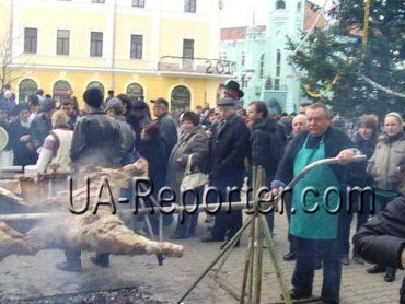 Рождественская акция в Мукачево - жареный бык на вертеле