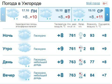 Весь день в Ужгороде будет пасмурно, днем возможен небольшой дождь