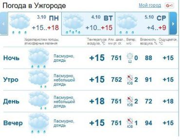 Весь день в Ужгороде будет идти небольшой дождь, который к вечеру усилится