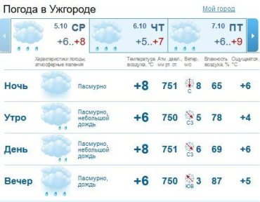 Весь день в Ужгороде будет пасмурно, небольшой дождь к вечеру усилится
