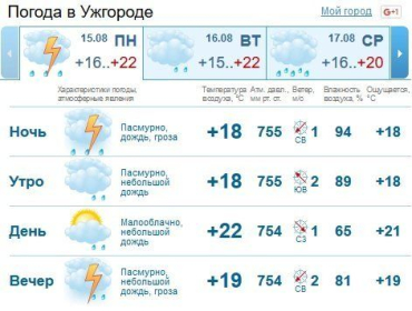 В Ужгороде весь день будет идти дождь, вечером возможна гроза